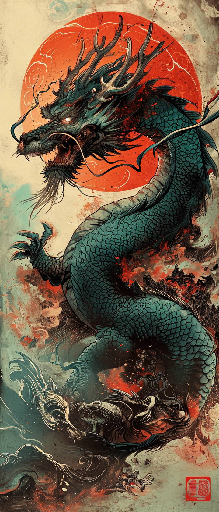 Chinese dragon in dark aquamarine and red