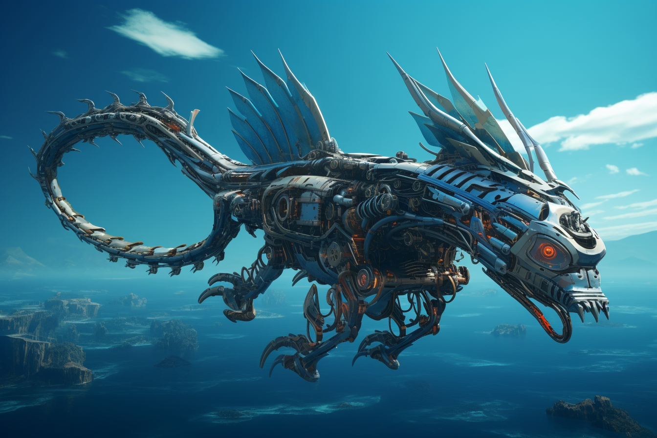 Cyberpunk Chinese Dragon Flying over Calm Sea