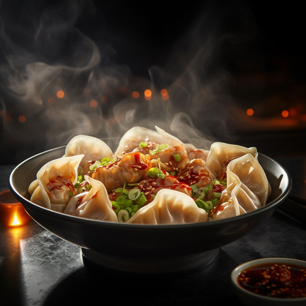 Steaming hot Chinese dumplings on white plate