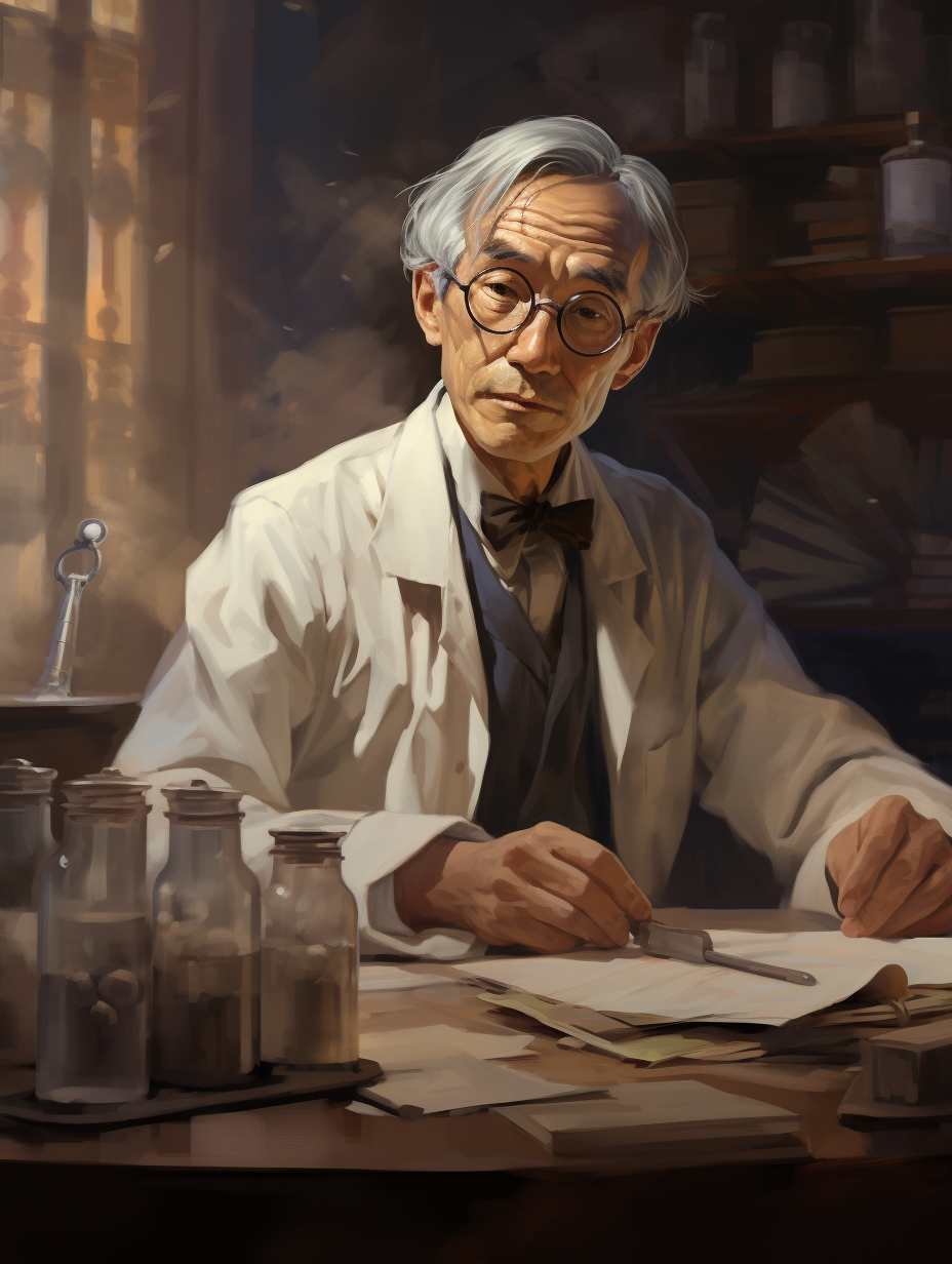 Elderly Chinese person in laboratory with stethoscope and glasses