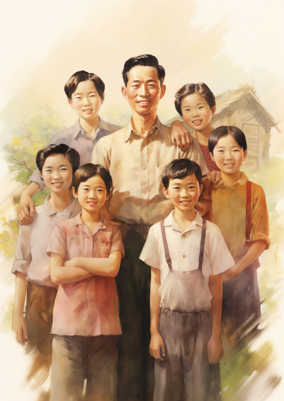 Chinese family with father surrounded by grandchildren