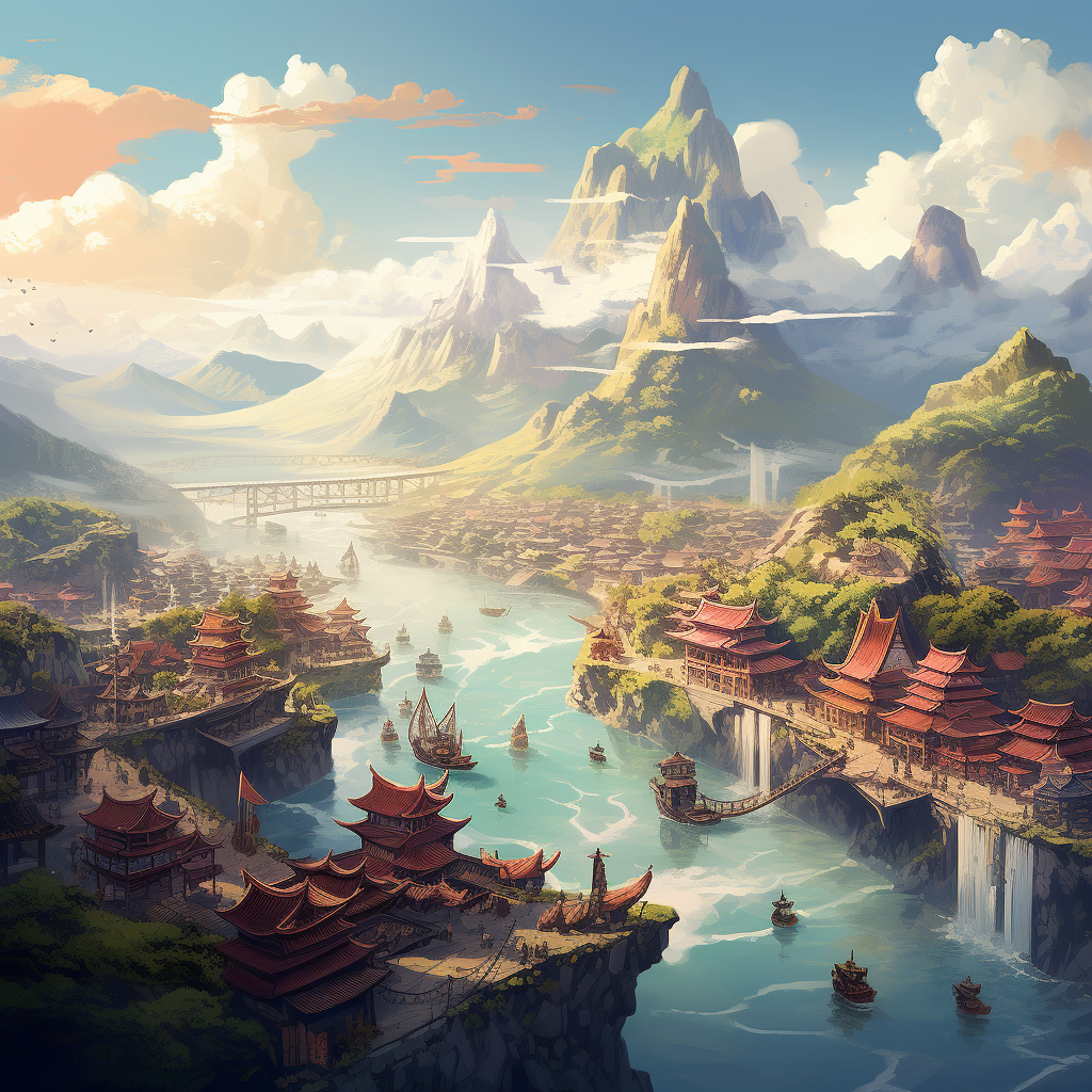 Chinese fantasy D&D small town by the river