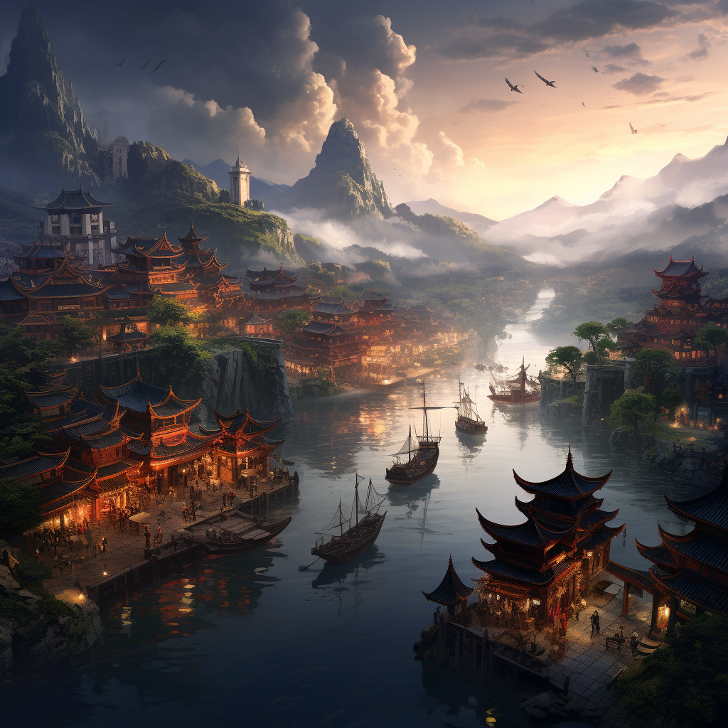 Chinese fantasy town with river