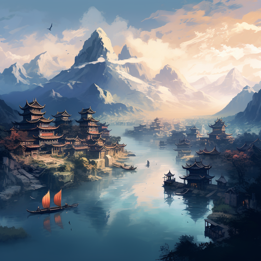 Scenic chinese fantasy small town with river and mountain