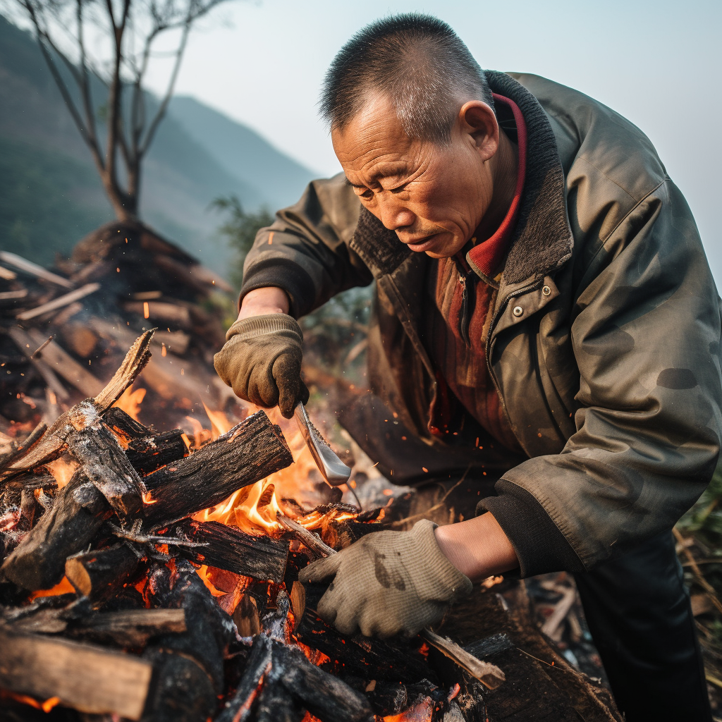 Ancient Chinese farmer making charcoal on Nanshan Mountain