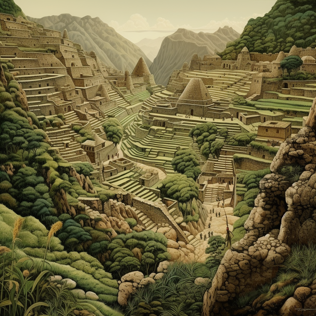 Bronze age Chinese farmers working in terraced field