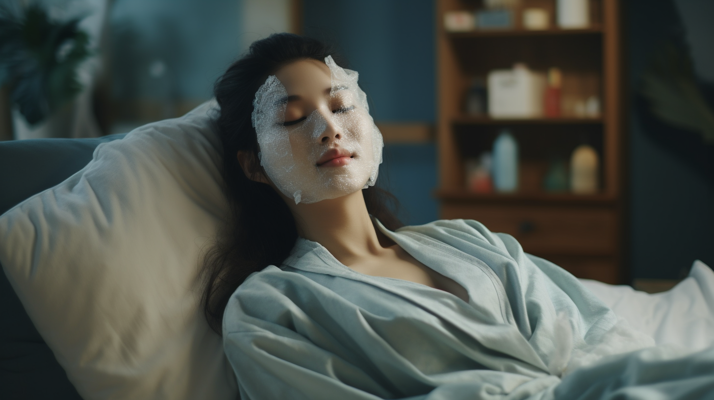 Chinese woman applying facial mask at home