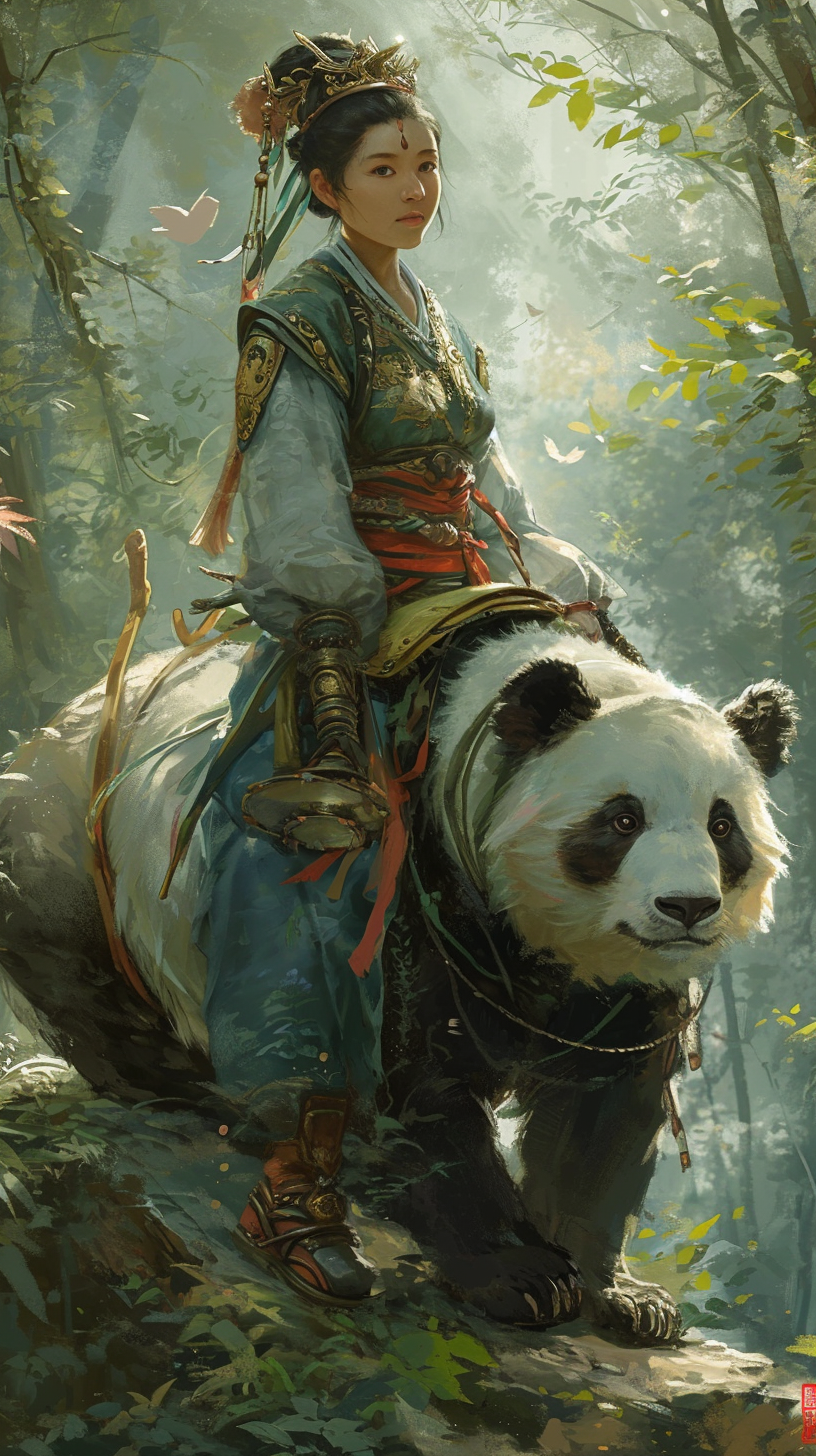 Chinese female shaman riding giant panda