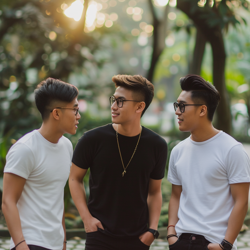 Hot handsome Chinese Filipino men in park