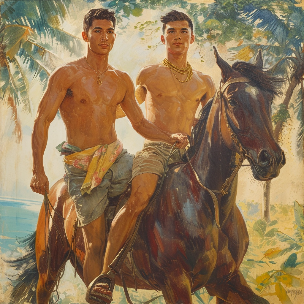 Handsome Chinese Filipino Men Holding Hands Horse Riding in Jungle