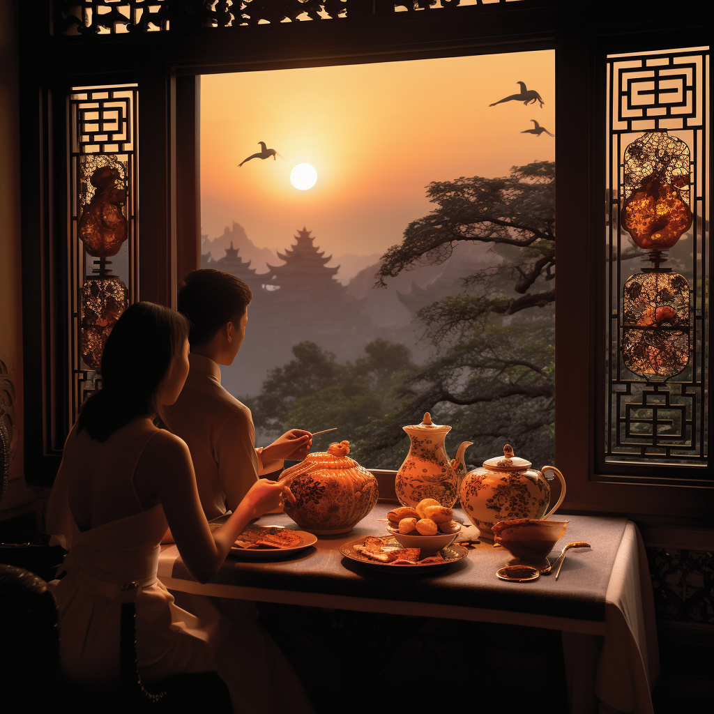 Couple enjoying Chinese food in luxury room