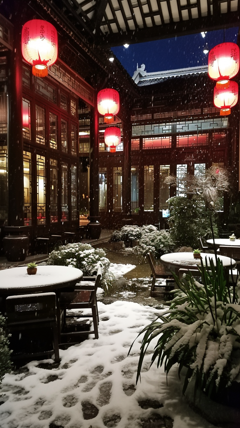 Chinese Garden at High-End Hotel Night Snow