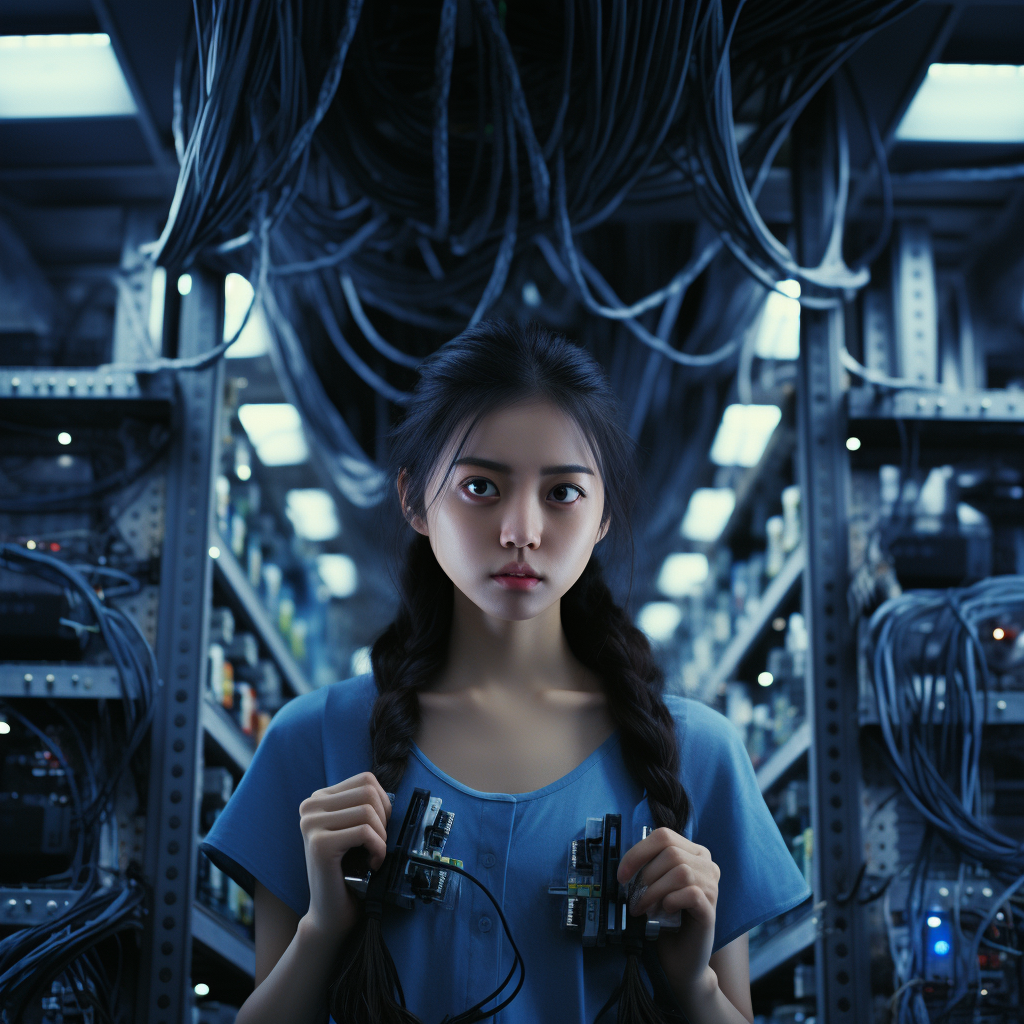 Chinese girl engineer in server room