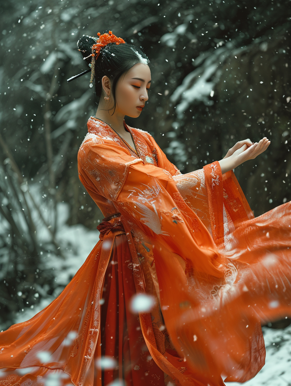 Chinese girl meditating in the snow blur