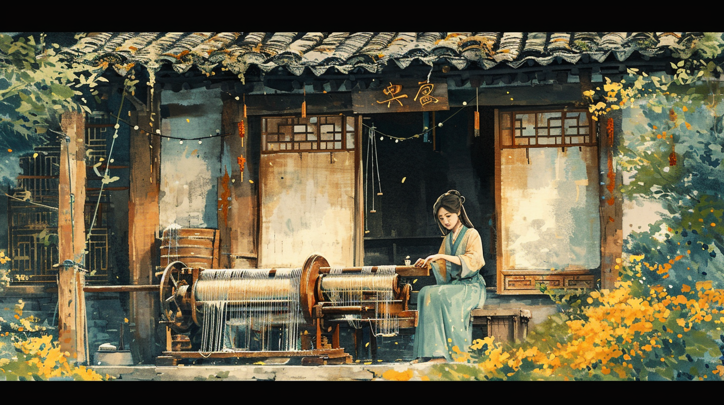 Chinese girl operating loom machine