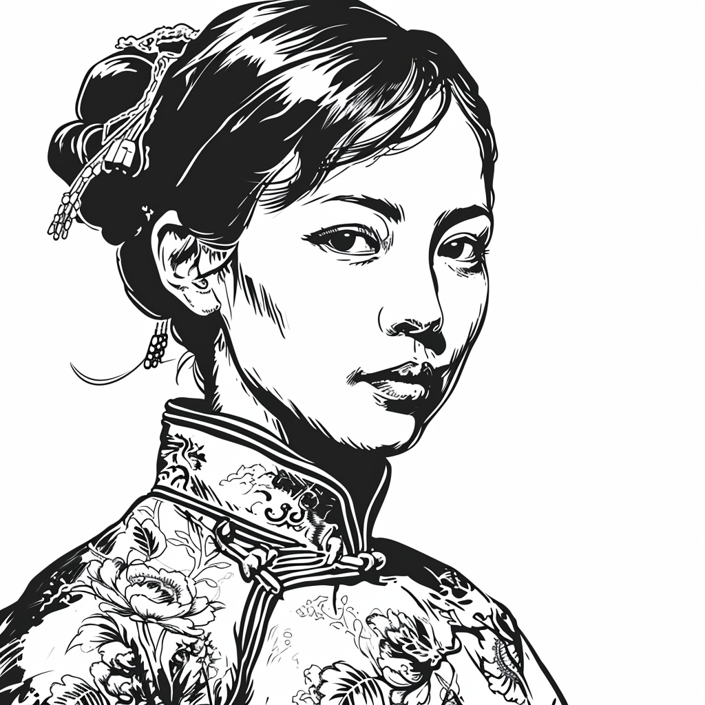 Engraved Chinese girl portrait for coloring book