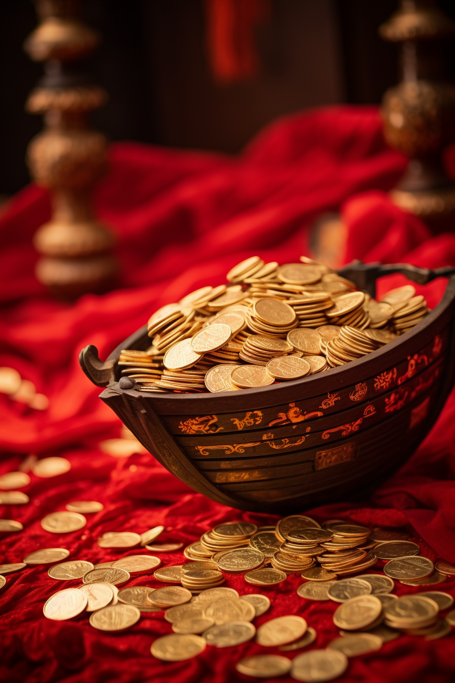 Chinese gold coins on red cloth in boat