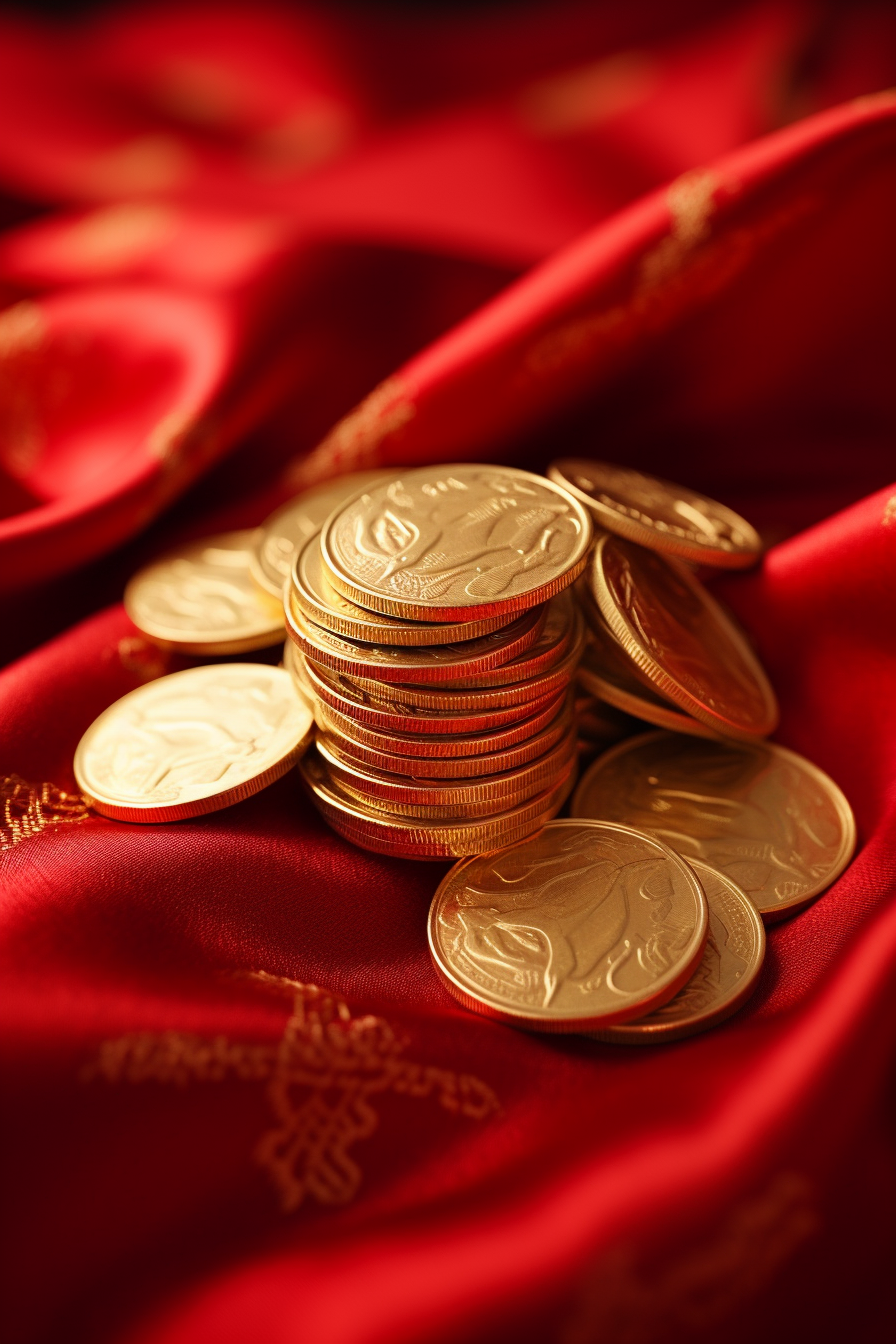 Chinese gold coins on red cloth