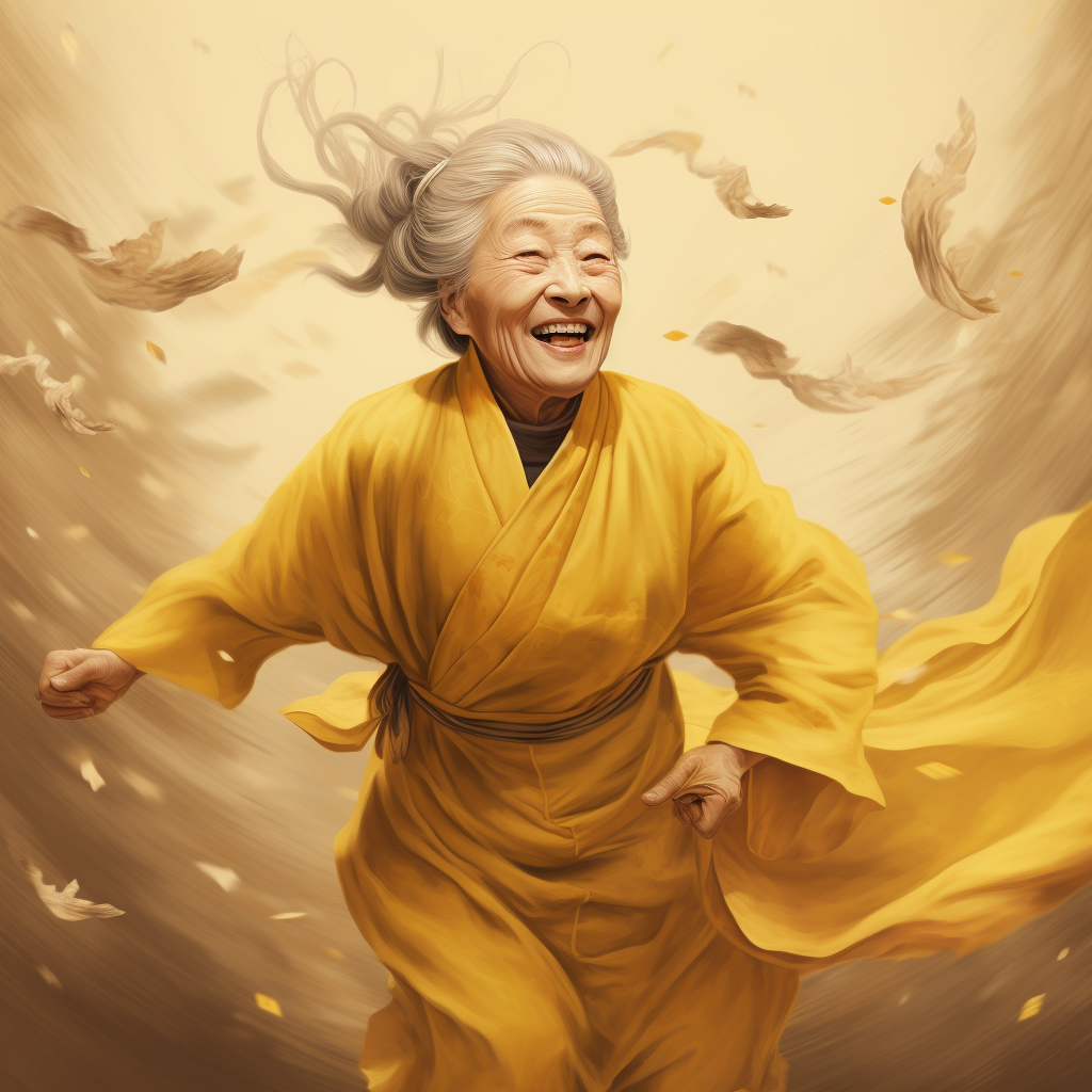 Elderly Chinese woman chasing wind in yellow attire