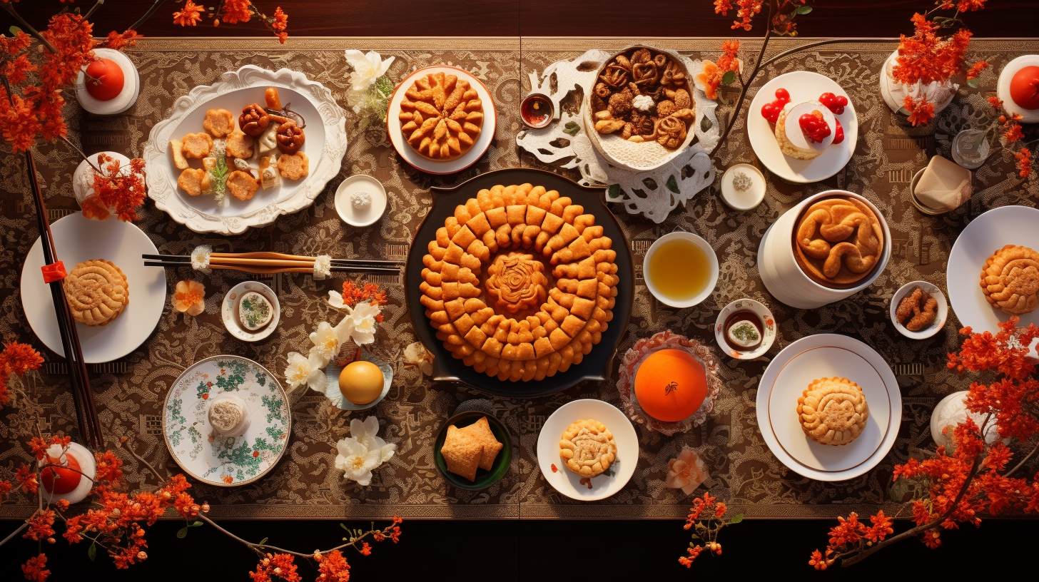 Festive Chinese holiday table with beautiful mooncakes