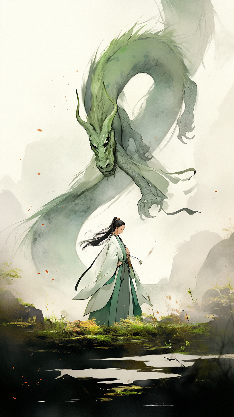 Chinese girl facing giant green dragon