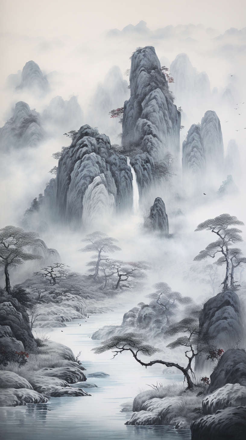 Beautiful Chinese Ink Splashed Landscape with Water and Mountains