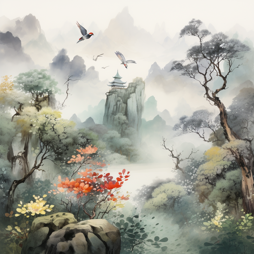 Majestic birds in a Chinese jungle landscape