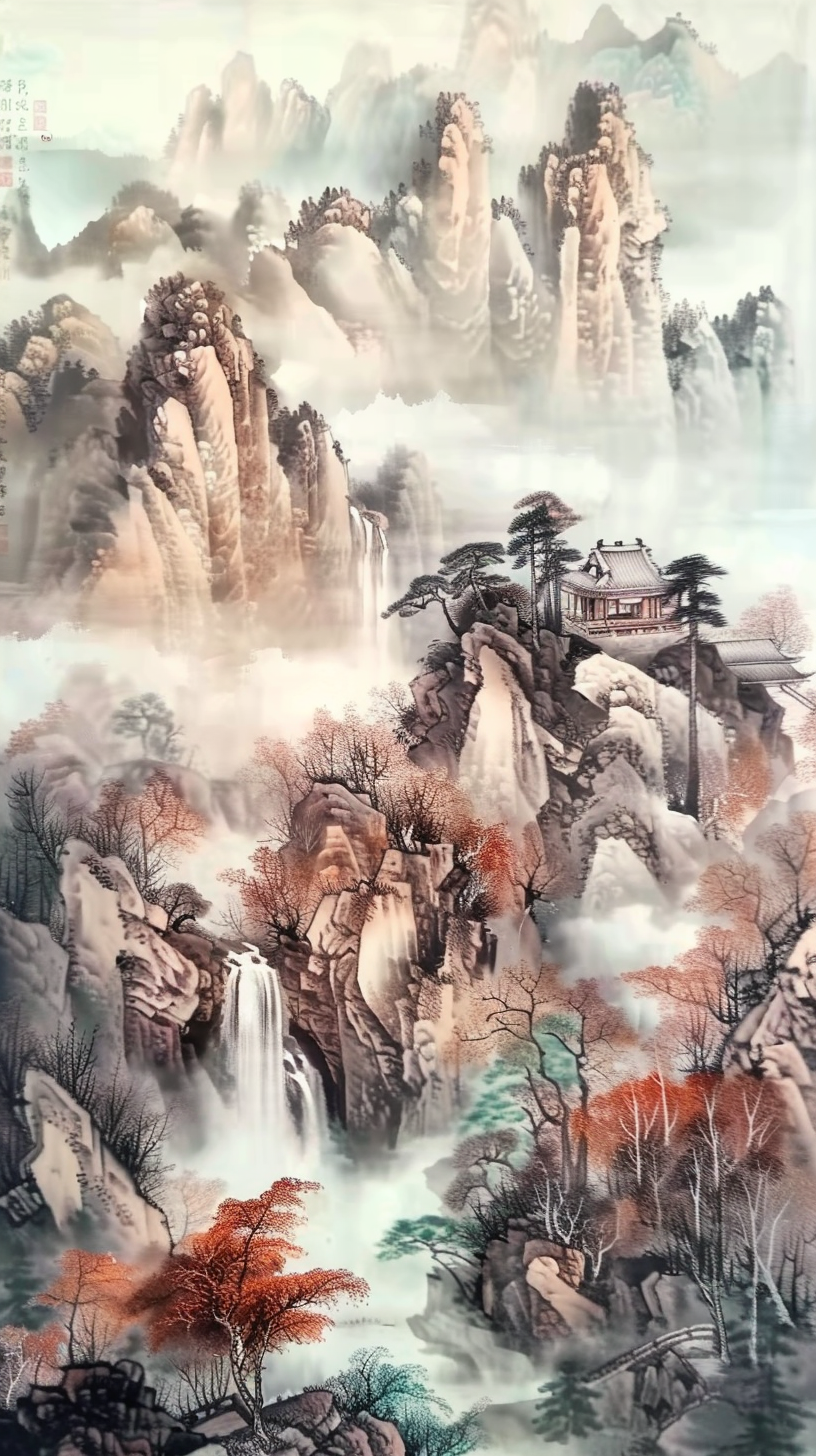 Chinese landscape painting with monks