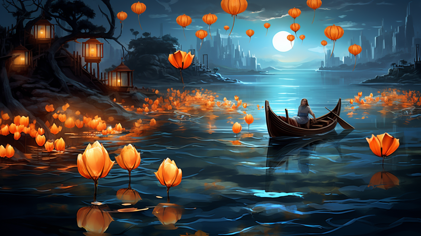 Colorful Chinese Lantern Festival with Floating Boats