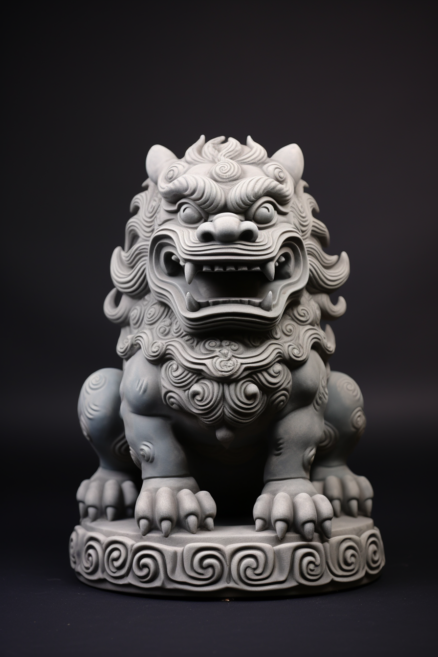 Terracotta Chinese Lion Sculpture on Grey Background