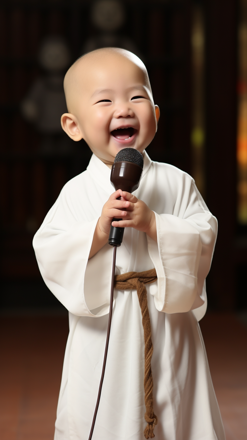 Chinese Little Monk with Microphone, Cute Smile