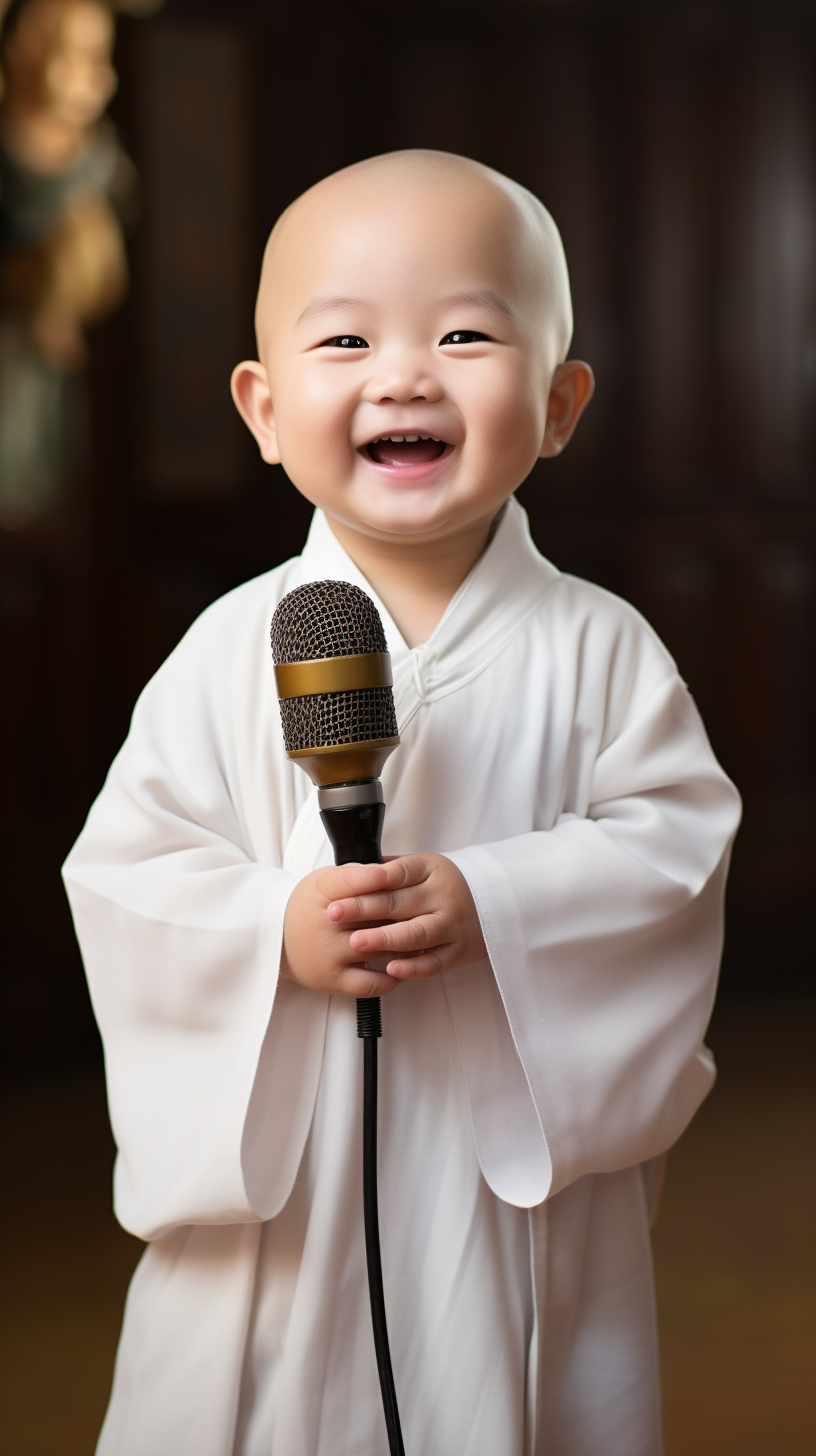 Chinese little monk holding a microphone