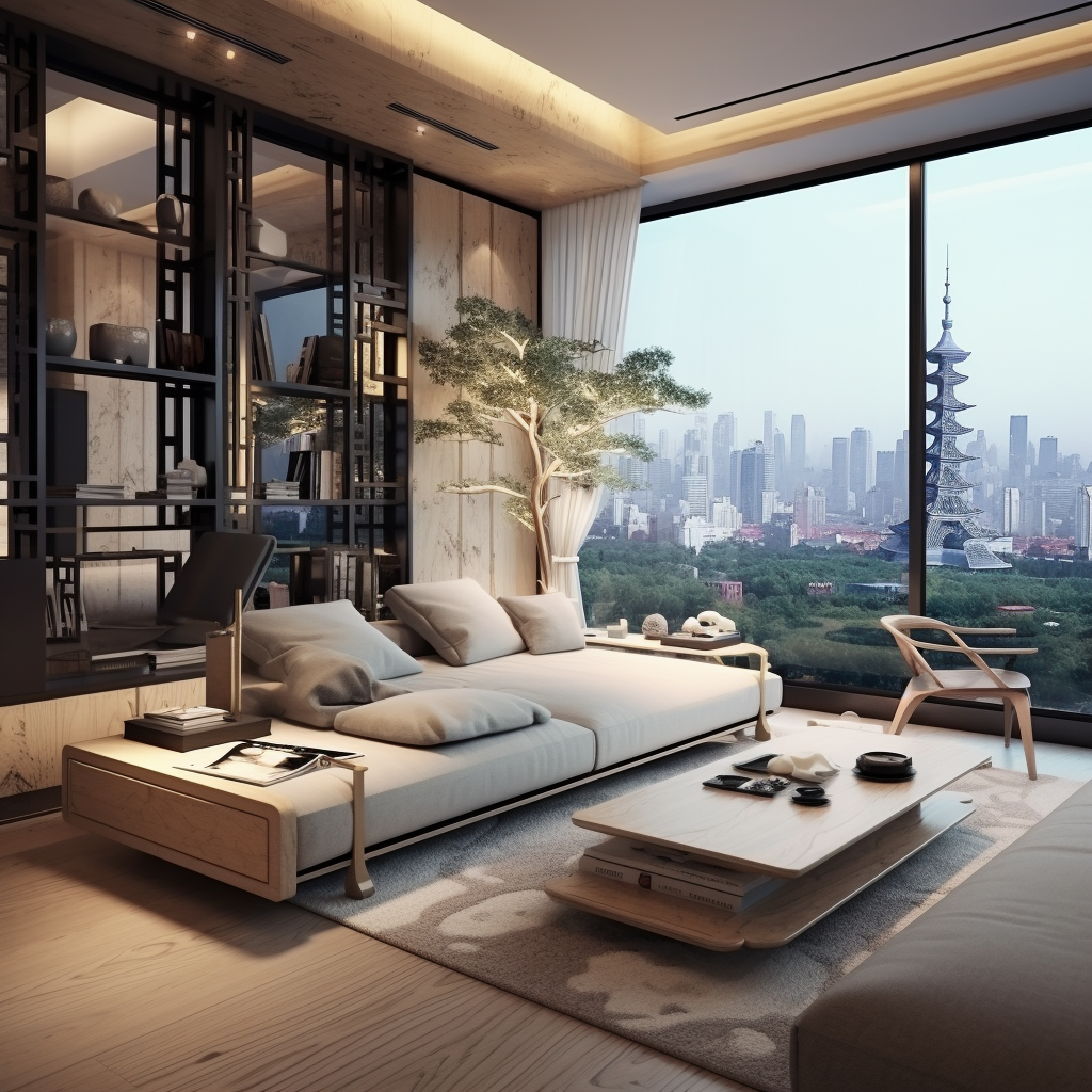 Modern Chinese living room with sofa, TV, and city view