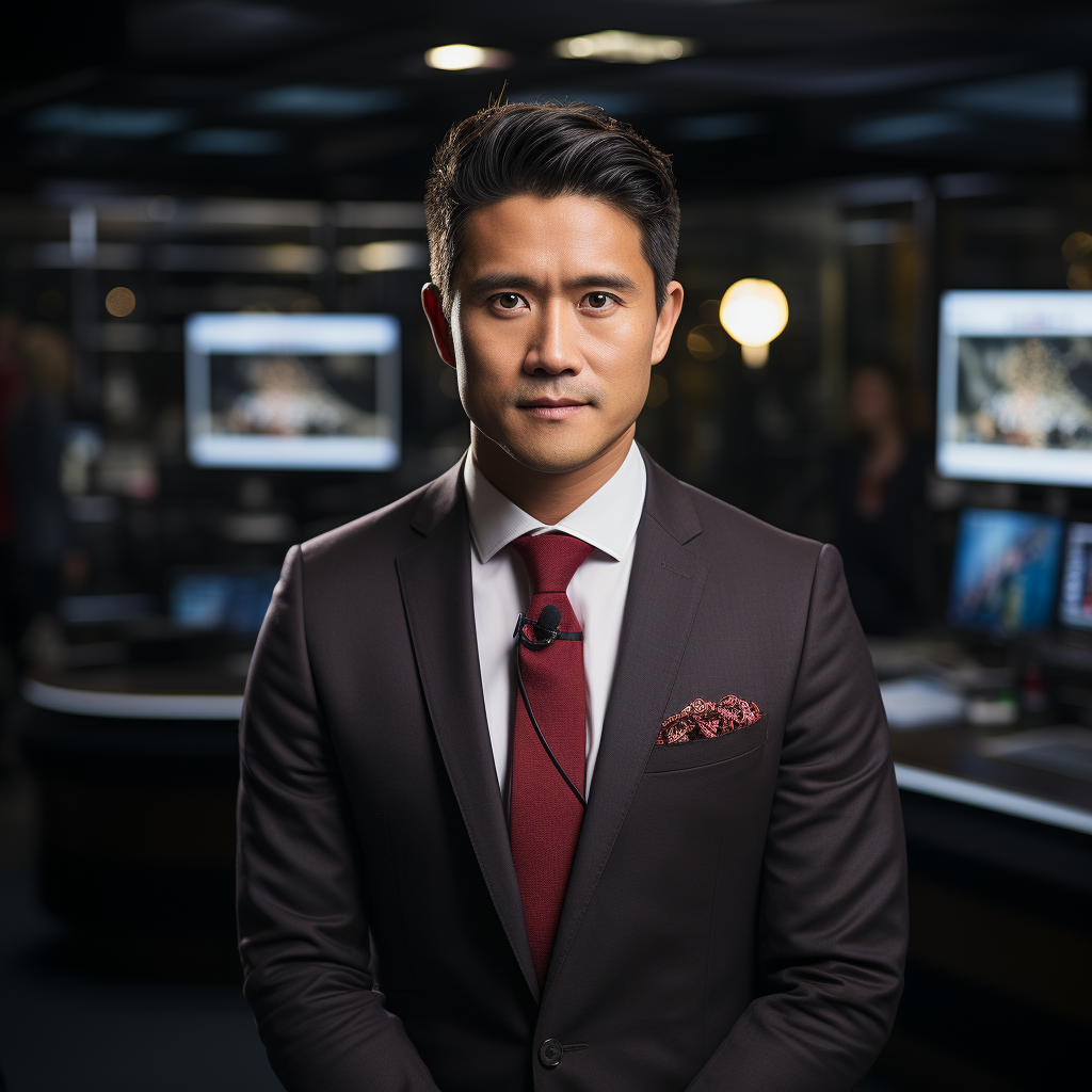 Chinese male broadcaster delivering news in BBC studio