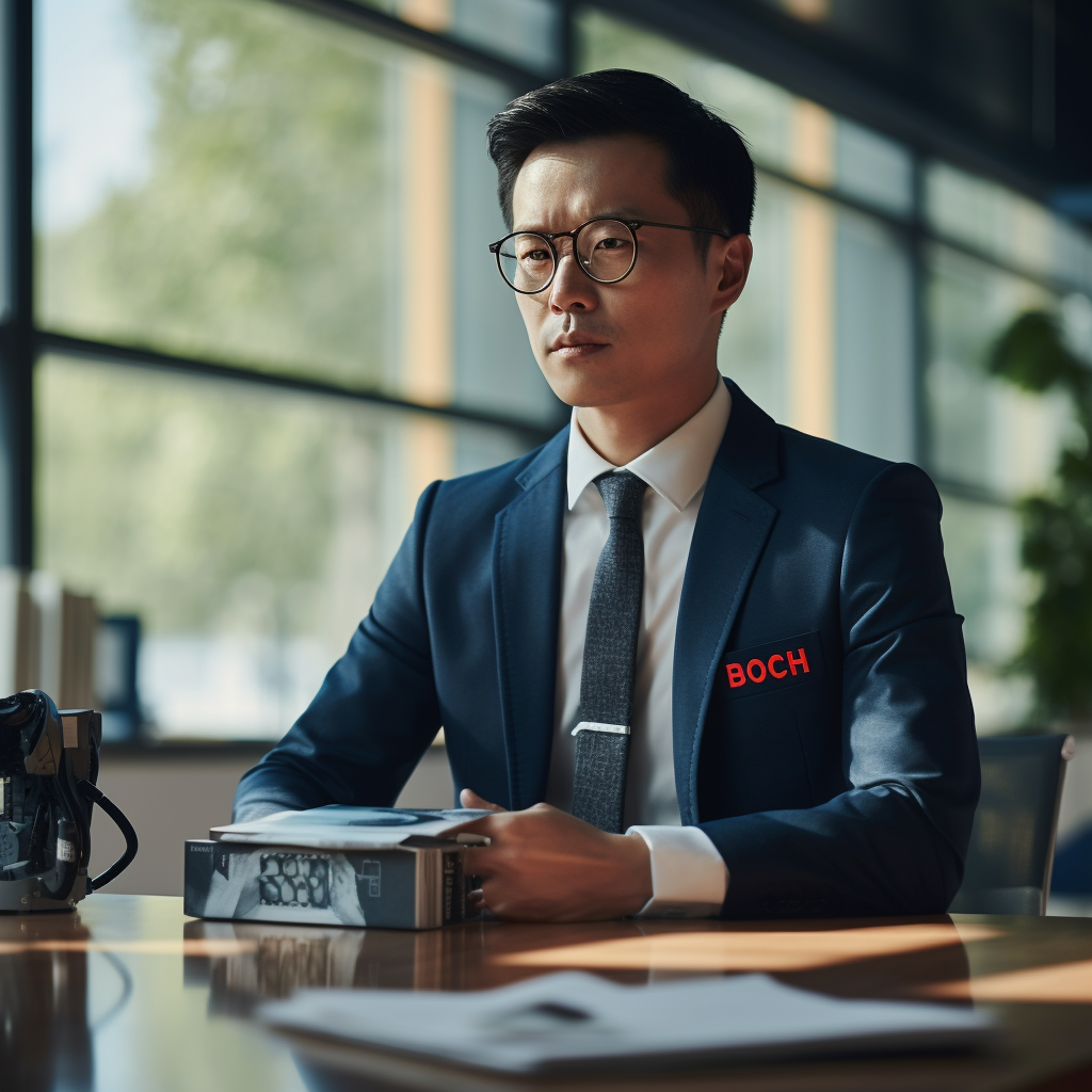 Chinese Male Engineer with Robot Model in Office