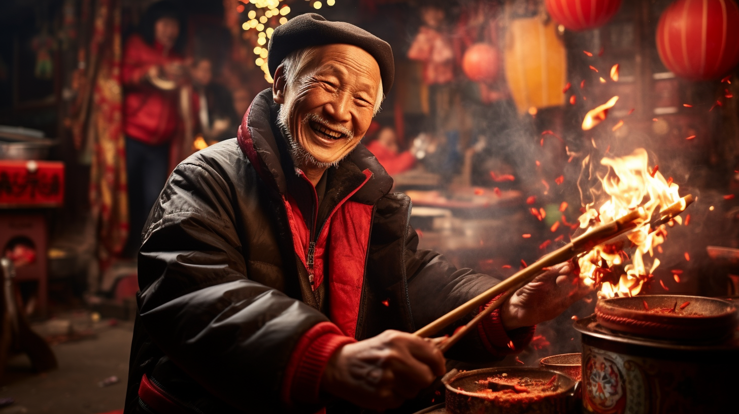 Chinese man distributing drums and firecrackers