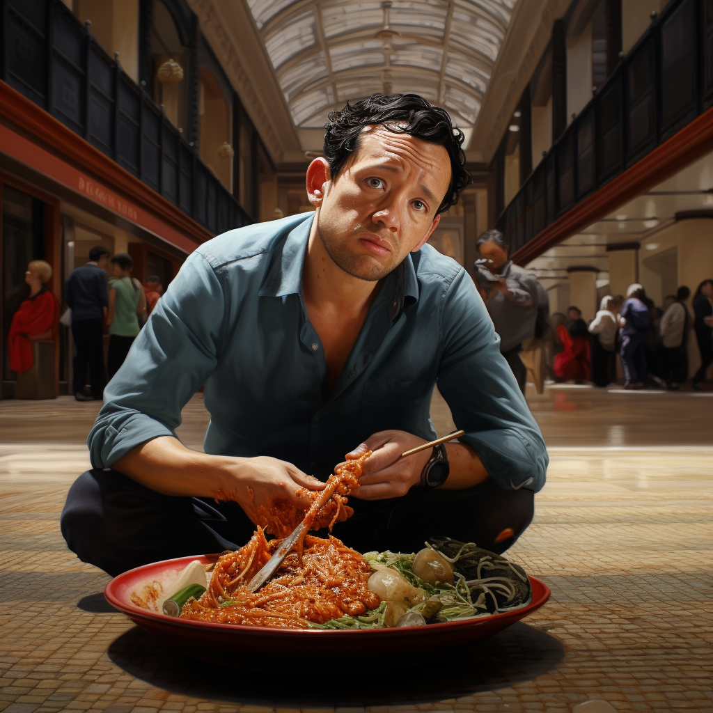 Chinese man enjoying paella rice at a bullring