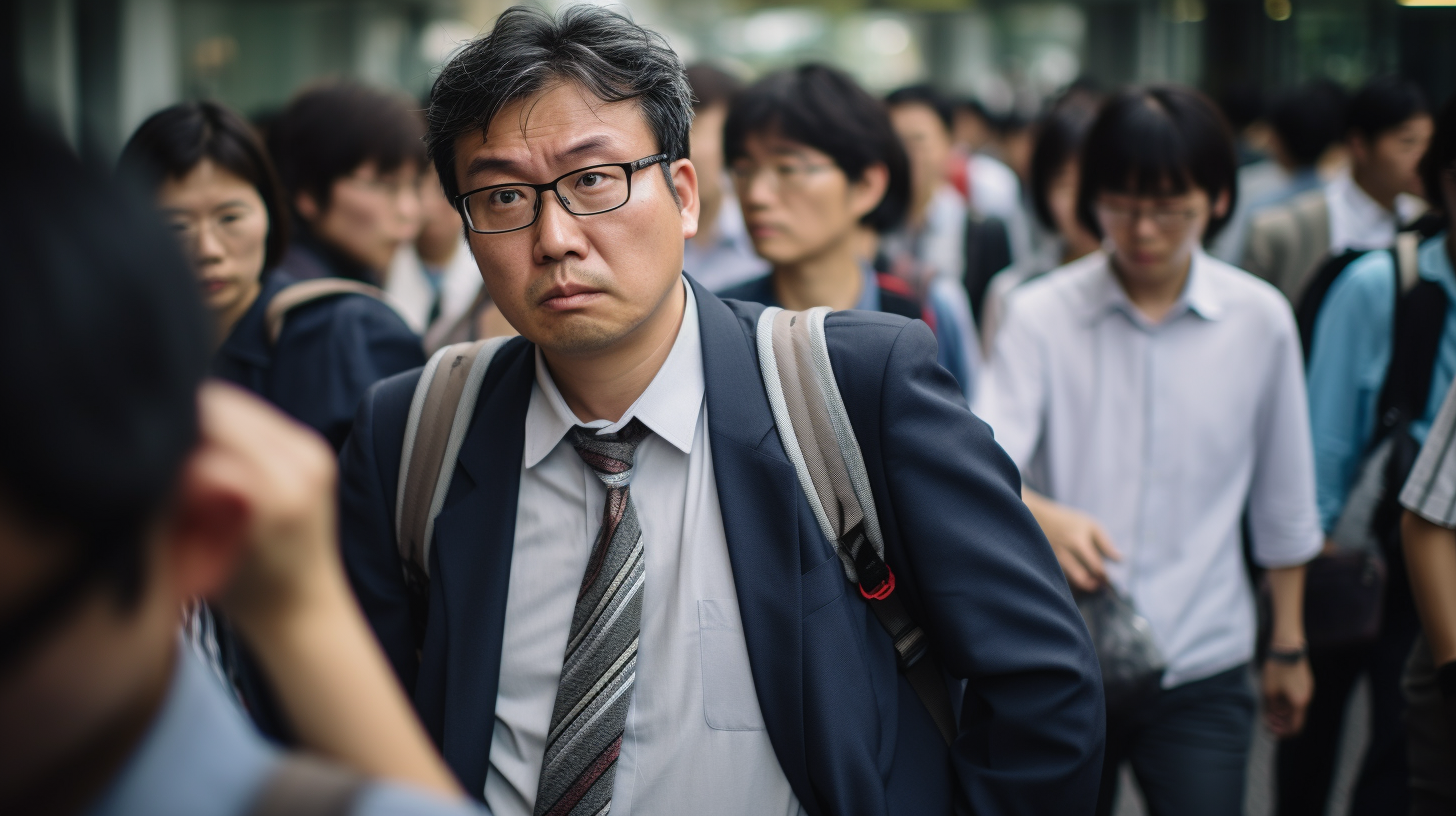 Anxious Chinese man in work attire looking at watch