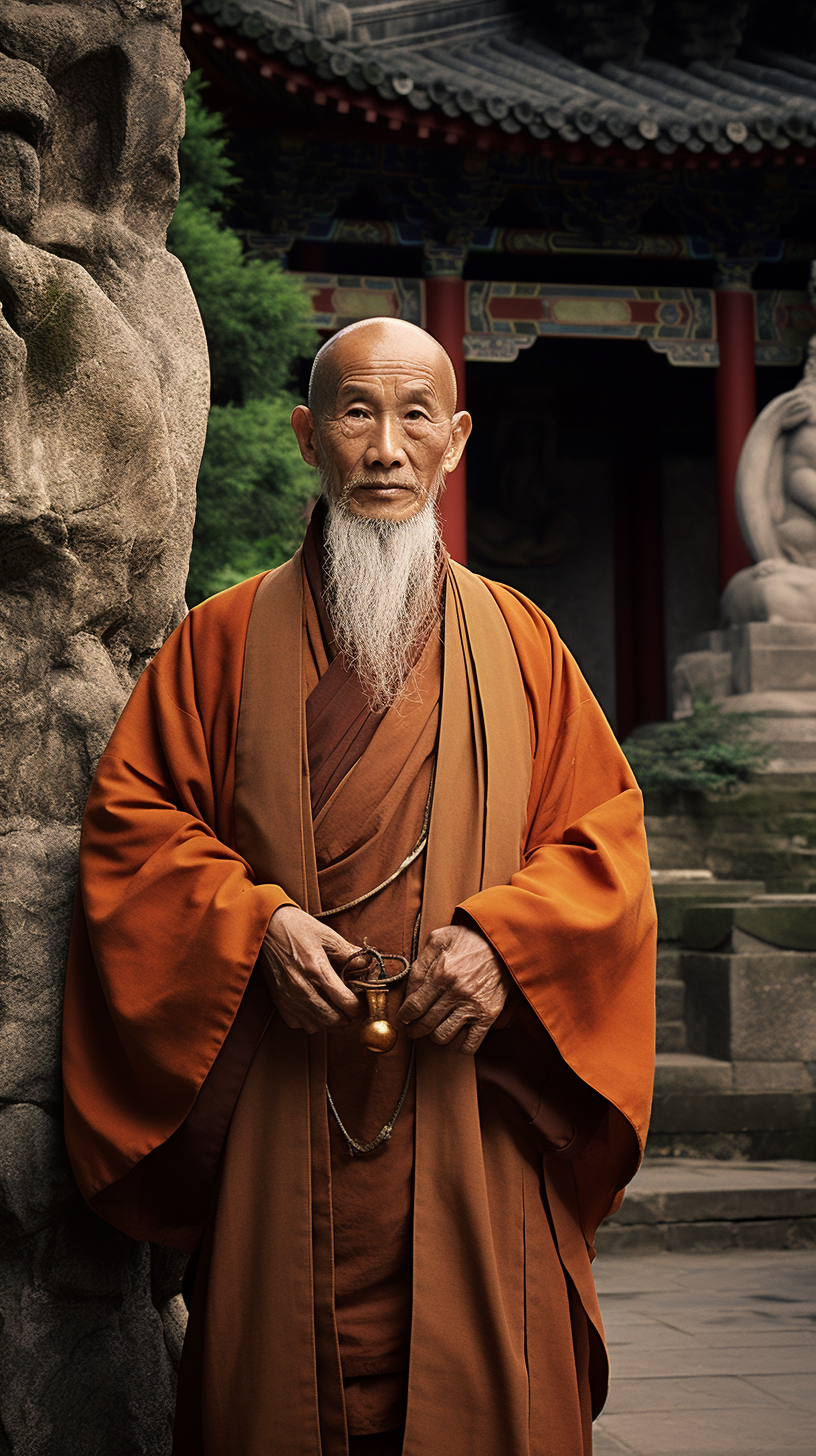 Chinese monk at ancient stone temple