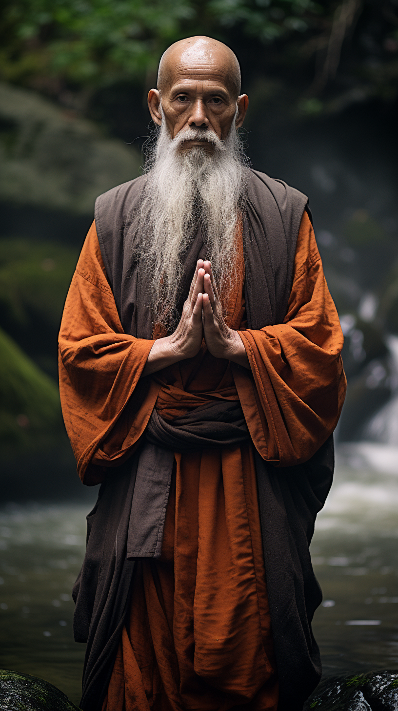 Chinese monk in mountain stream