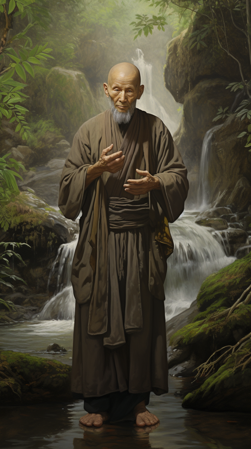 Chinese monk standing in mountain stream