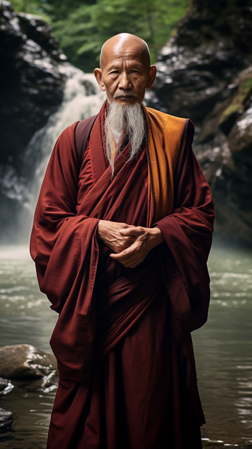 Serene Chinese Monk in Mountain Stream