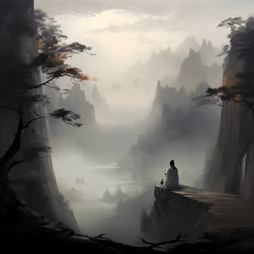 Ethereal Chinese mountains with a solitary figure and wine cup