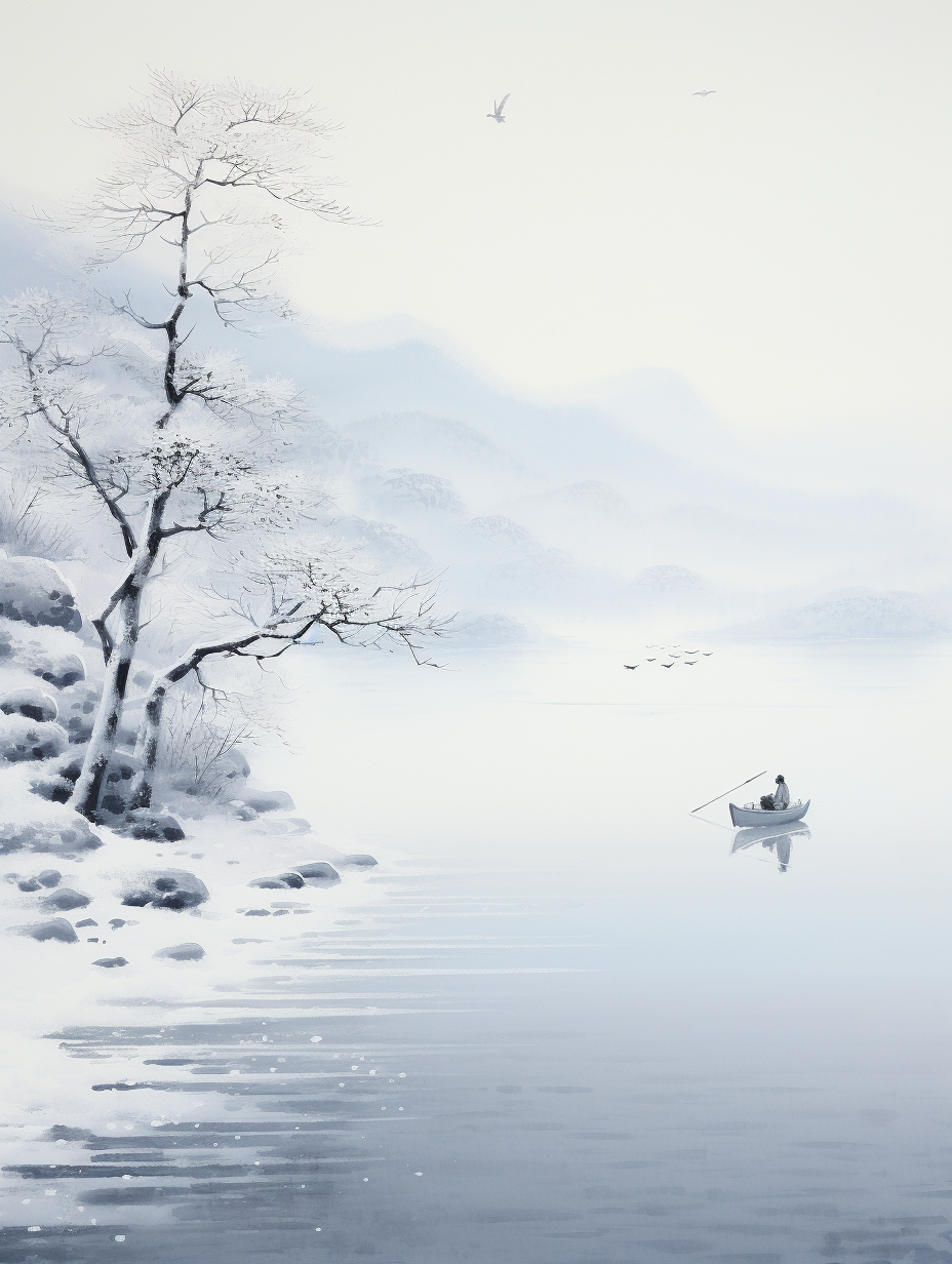 Lone boat fishing in snowy Chinese river