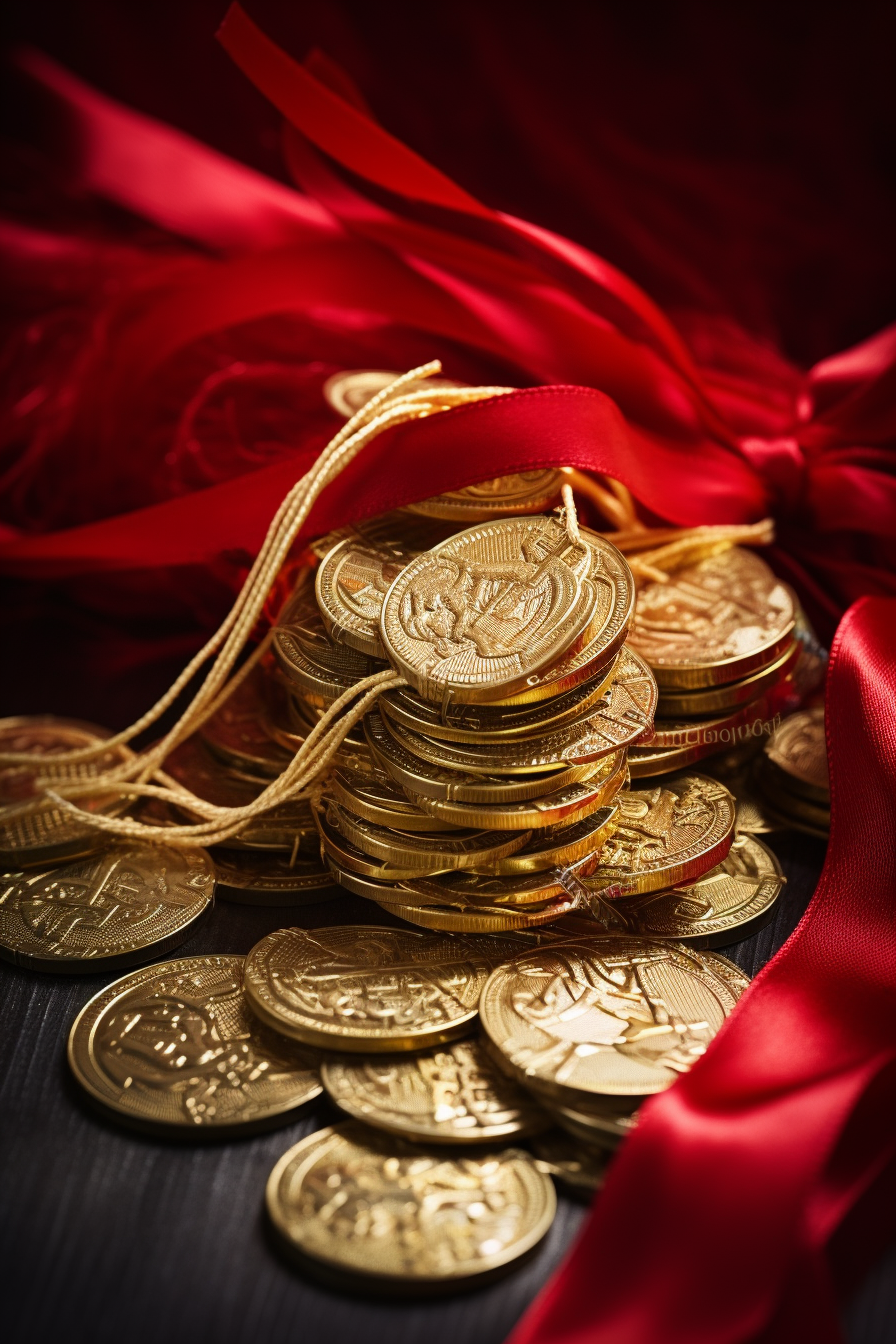 Chinese pierced gold coins with red ribbon