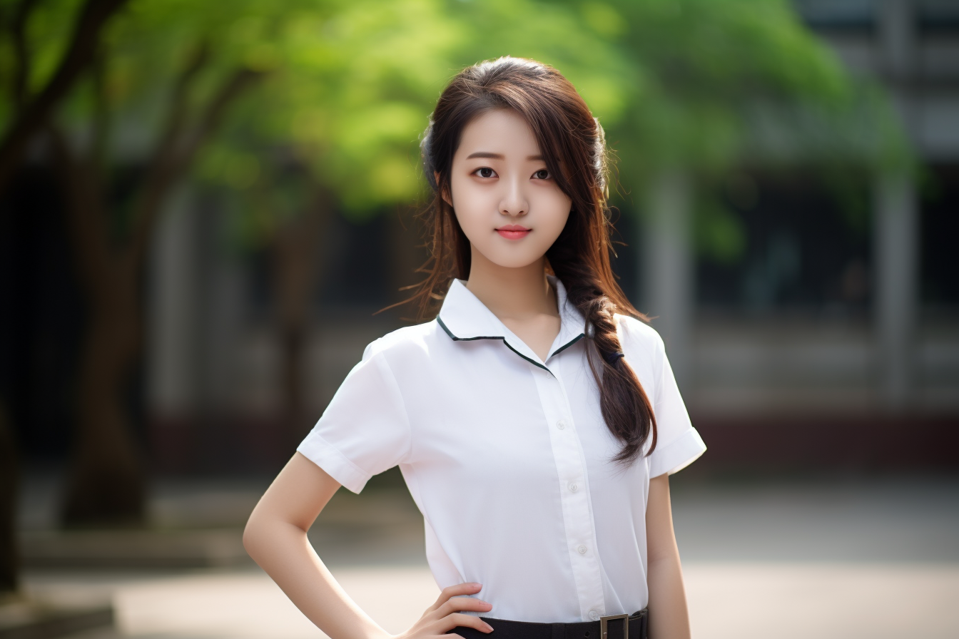 Adorable Chinese school girl wearing long pants and t-shirts