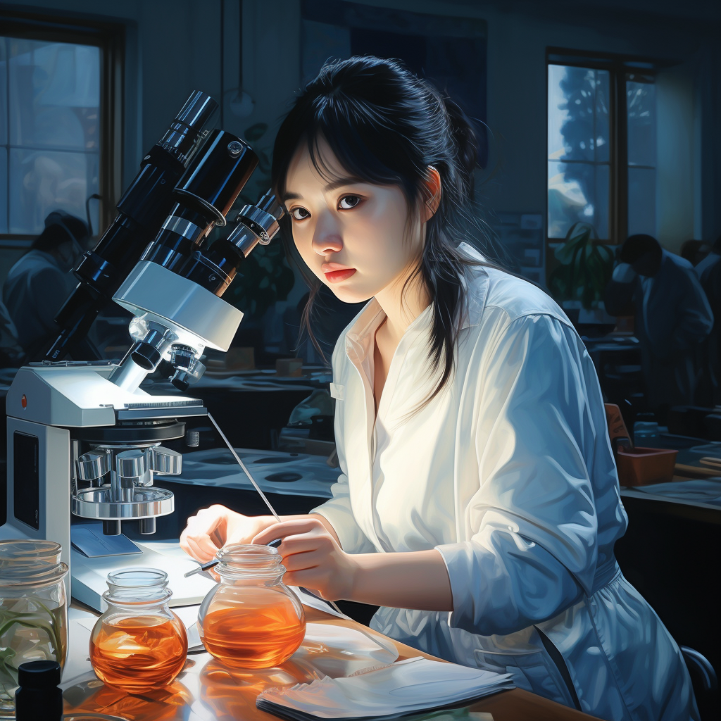 Scientific girl using microscope in laboratory