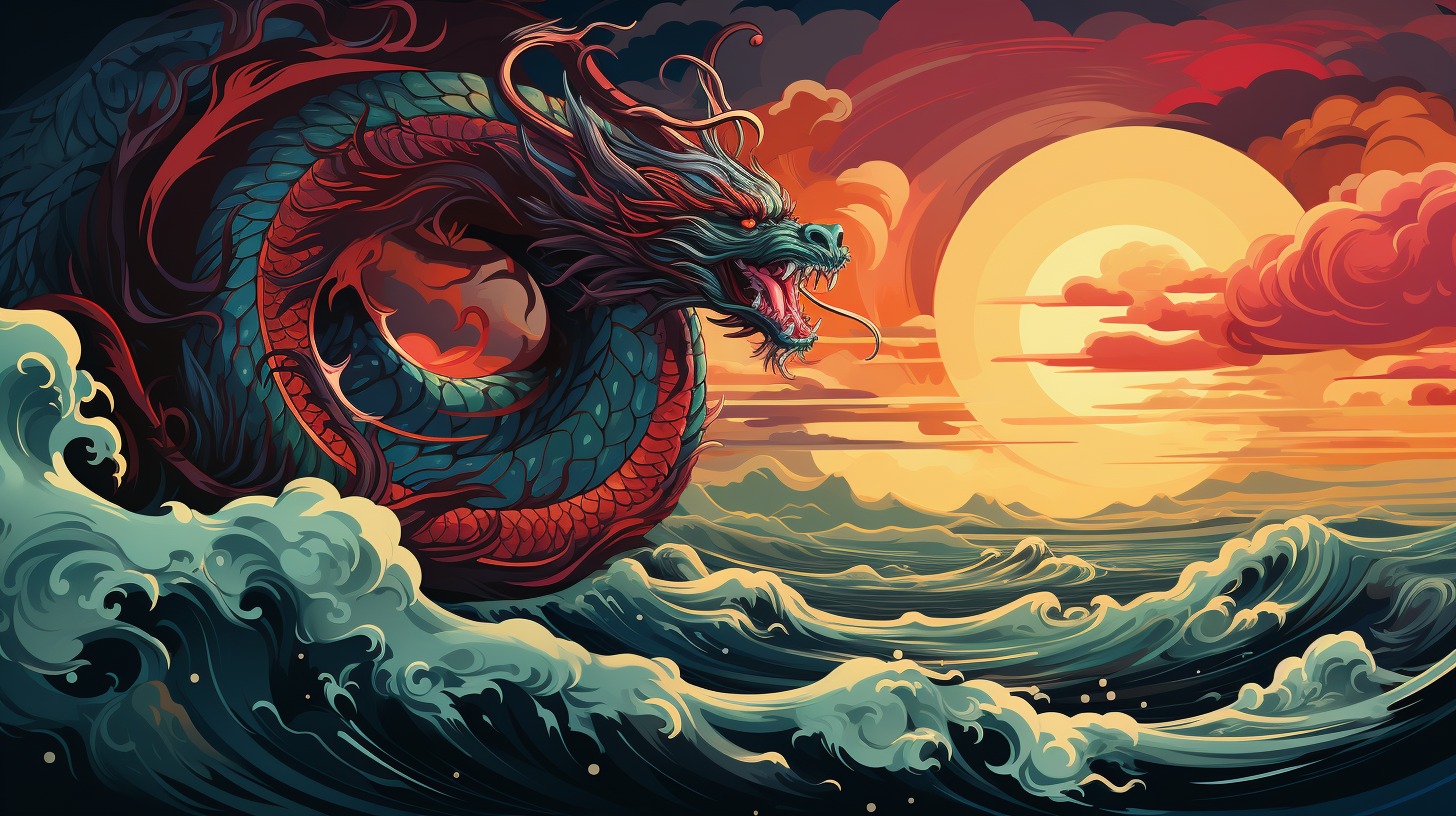 Chinese-style dragon flying over calm sea