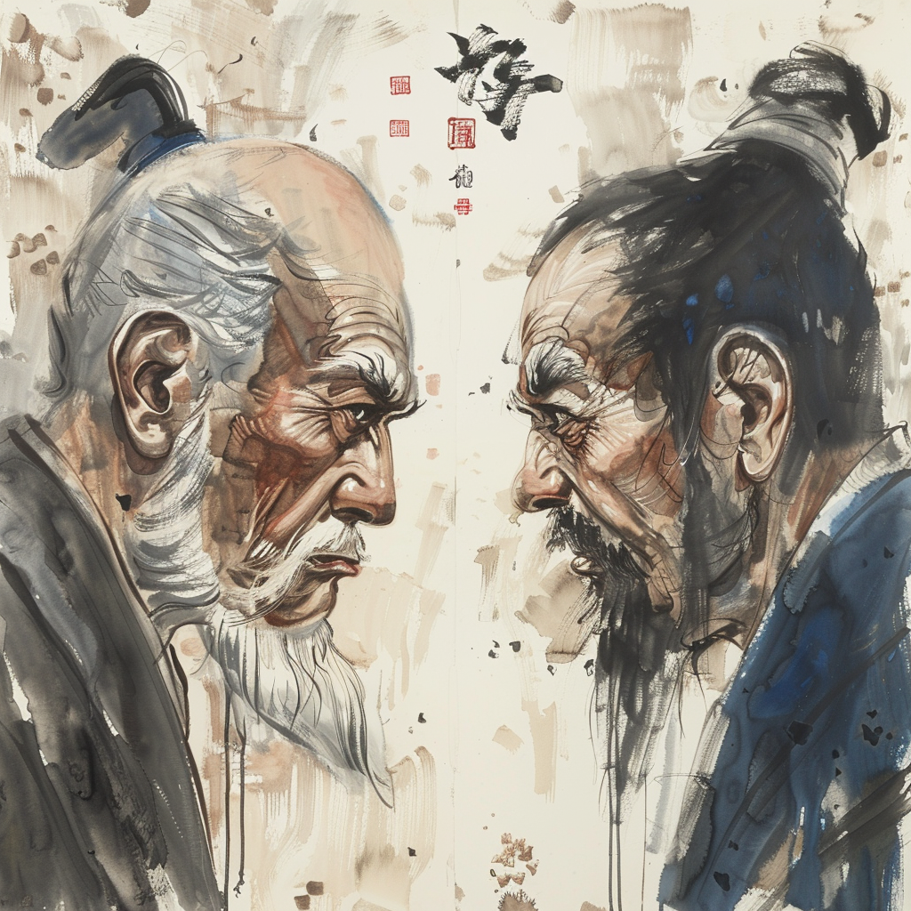 Chinese painting of ZhuangZi vs Confucius