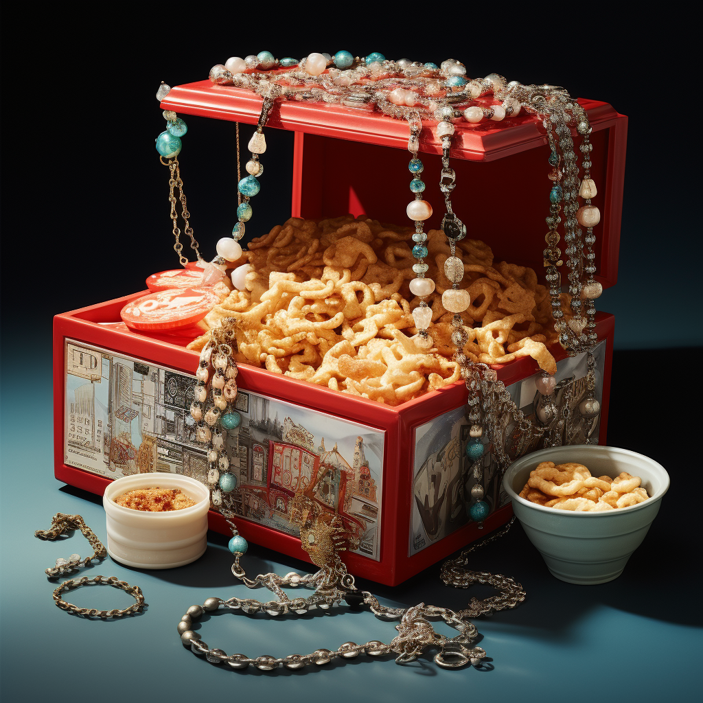 Shiny jewelry and chains in Chinese takeaway carton